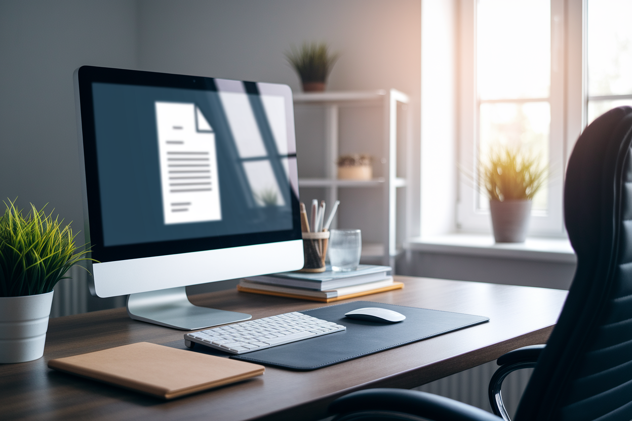 bureau-ordinateur-ecran-pdf-flou-lumiere